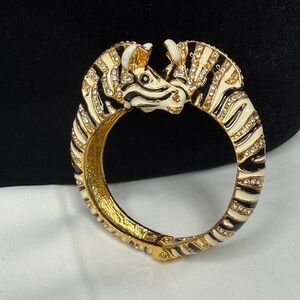Sassy Jones Gold-Tone Black & White Two Head Zebra Bangle Bracelet